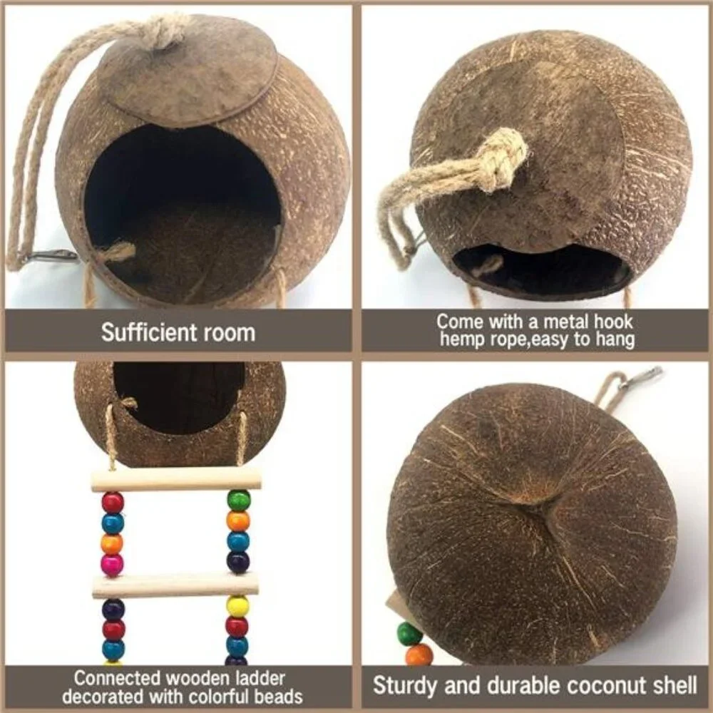 Hanging Coconut Bird House with Ladder,Natural Coconut Fiber Shell Bird Nest